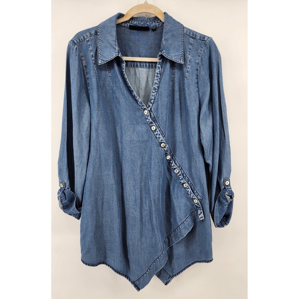 T&W Designs Blue Asymmetrical Button Front Denim Tunic Top Size L